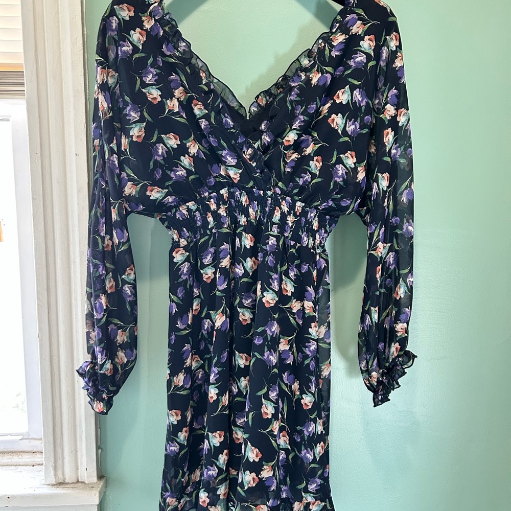 Dress Forum Navy Floral V-Neck Long Sleeve Dress